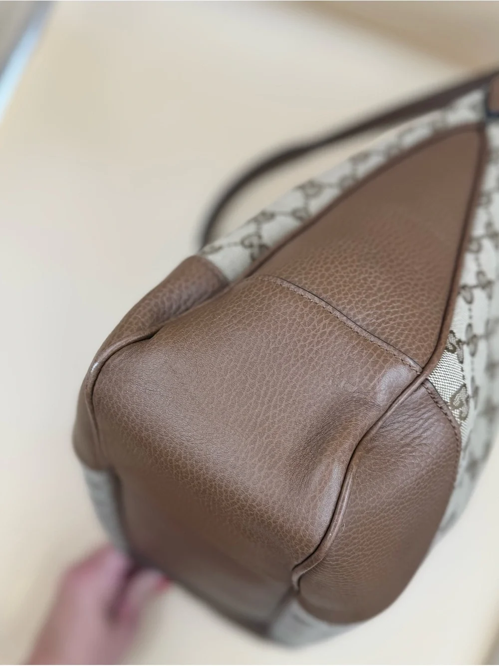 Gucci Bree Large GG Canvas Hobo Bag Brown Leather Trim Gold Hardware Authentic